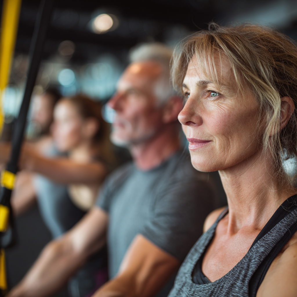 group of middle-aged people doing functional training exercises