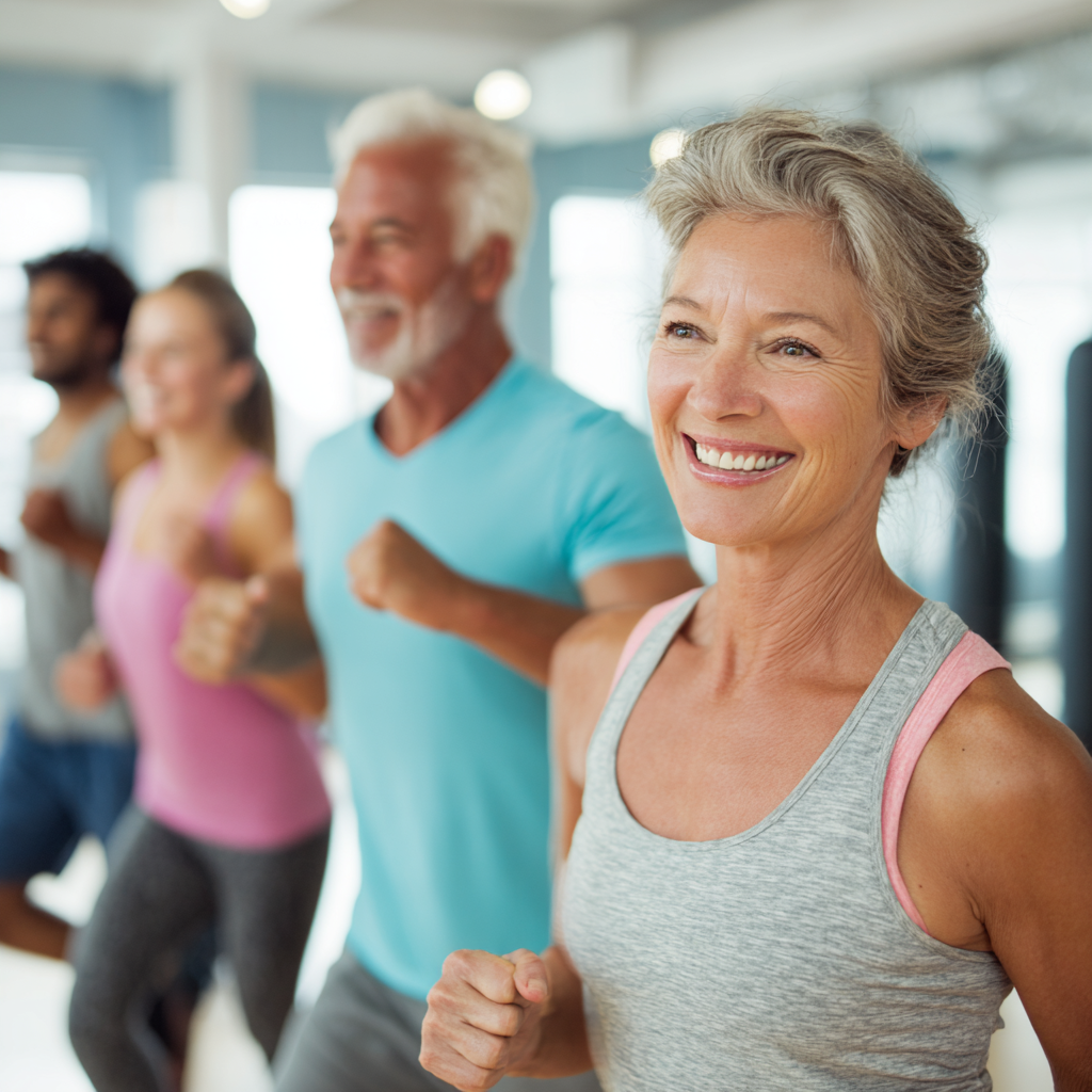 middle-aged adults exercising together in a bright fitness studio